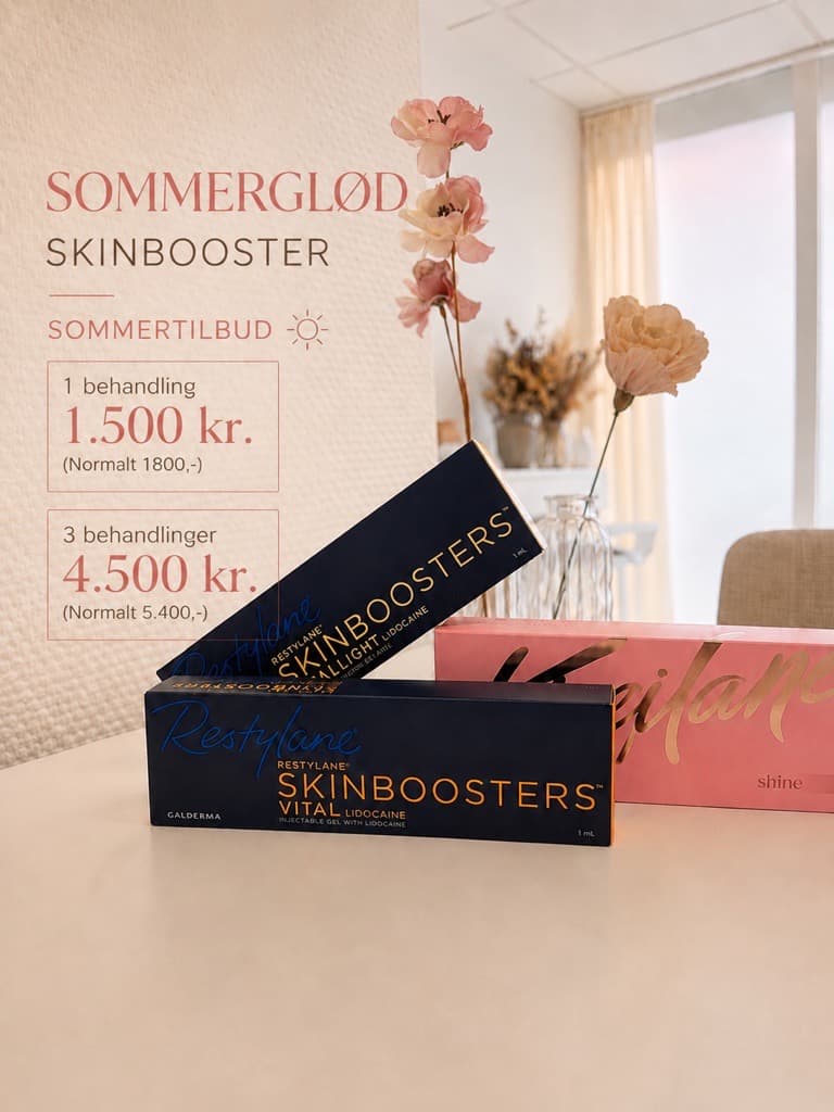 Sommerglød Skinbooster - sommertilbud: 1 behandling 1.500 kr., 3 behandlinger 4.500 kr.
